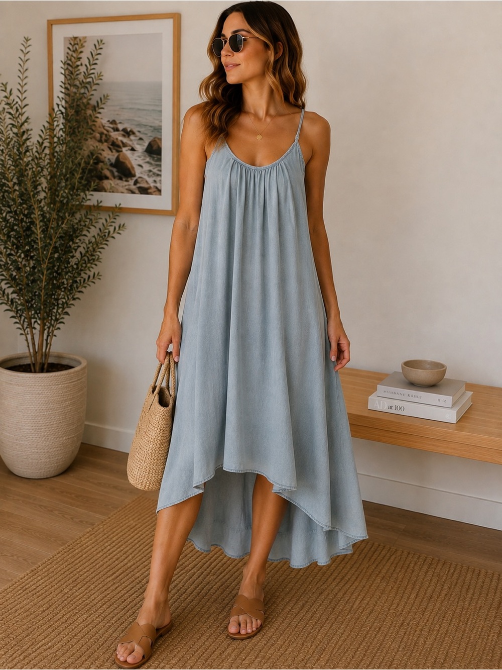 Mustard Seed Chambray High-Low Midi Dress | Adjustable Straps | Size Small | NWT